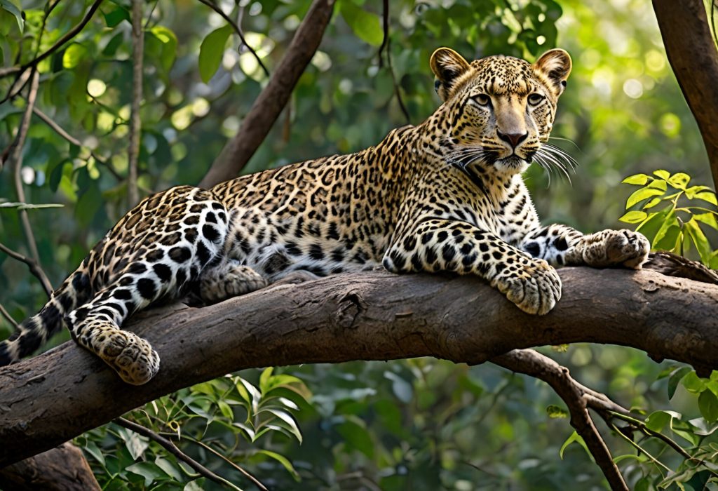 indian leopard an indian leopard lying sprawled out on a thick, dry tree branch, high above the ground